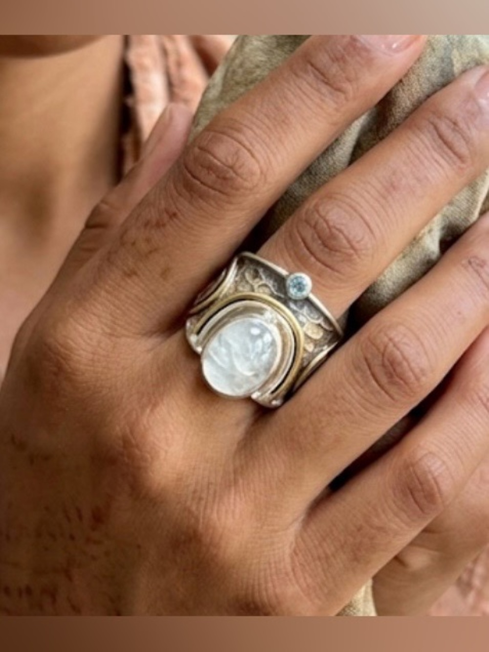 Artisan 16g Sterling Silver Moonstone Blue Topaz and Brass accent Ring Size 7.5